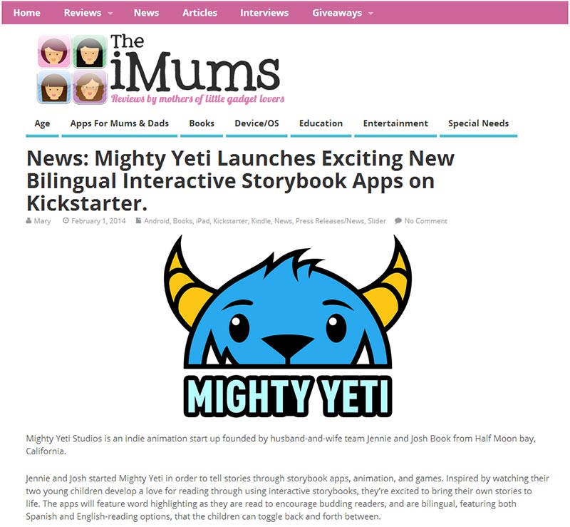 Mighty Yeti Kickstarter article from iMums